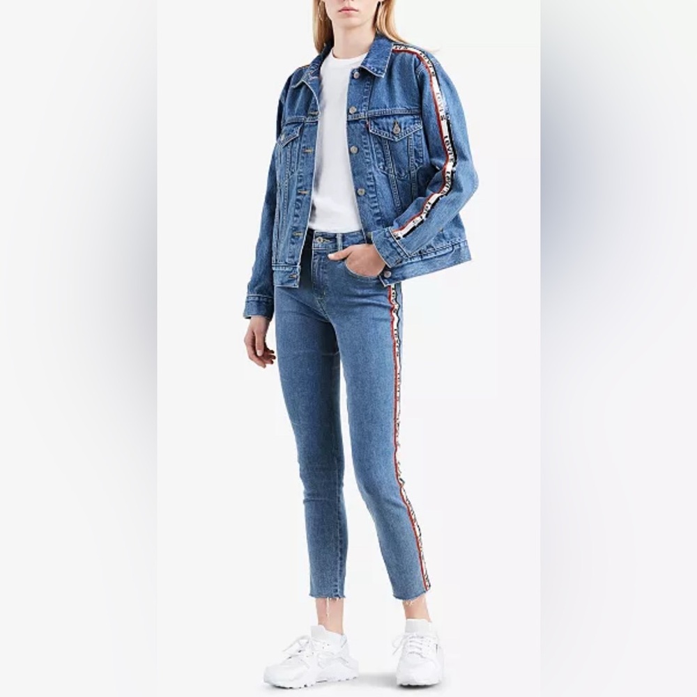 Limited cotton sequin Logo-Tape Levis Jacket and 721 high rise skinny jeans